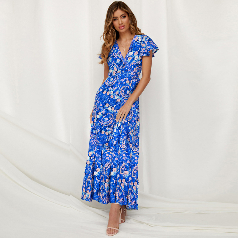 Bohemian Floral Maxi Dress V Neck Tie Detail Summer Style Perfect for Beachwear or Casual Outings Wholesale