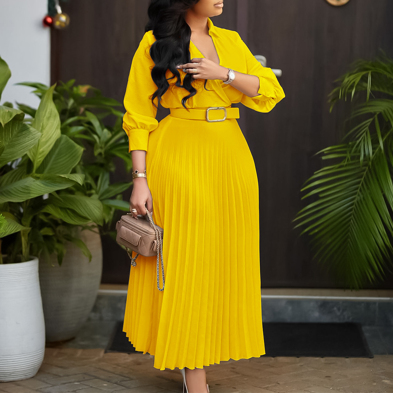 Fashionable V Neck Solid Color Long Sleeve Pleated Maxi Dress for Women, Elegant Spring Collection, Perfect for Casual and For