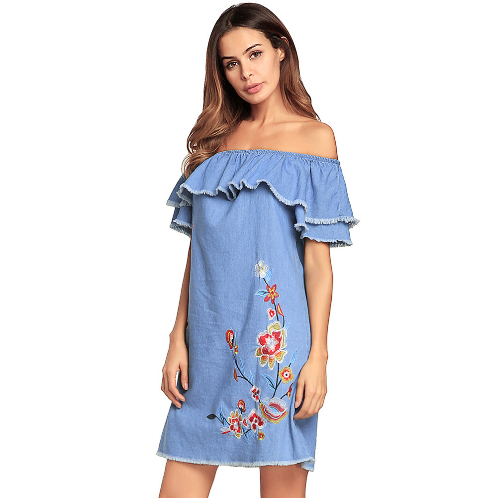 Off Shoulder Embroidered Denim Look Dress Ruffle Hem Summer Style Casual Wear Wholesale Available
