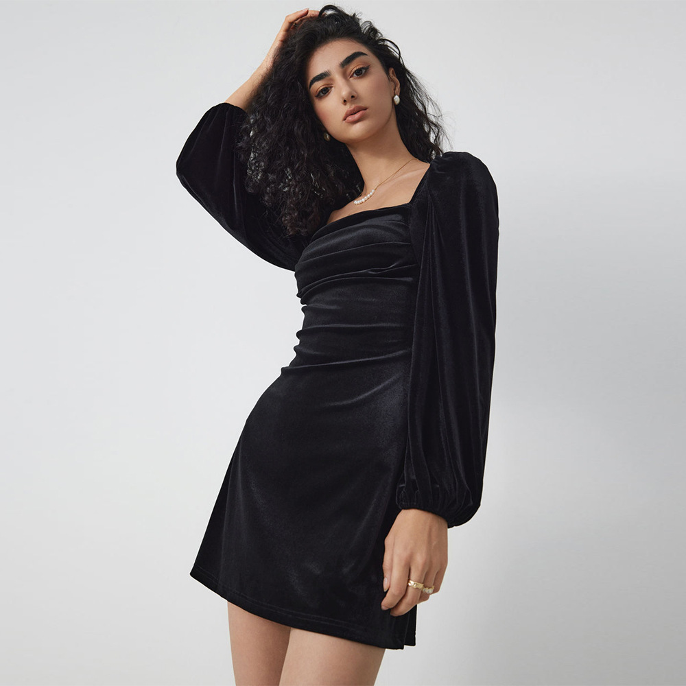 Autumn and Winter New European and American Cross border Slim Waist A line Party Square Neck Long Sleeve Velvet Dress