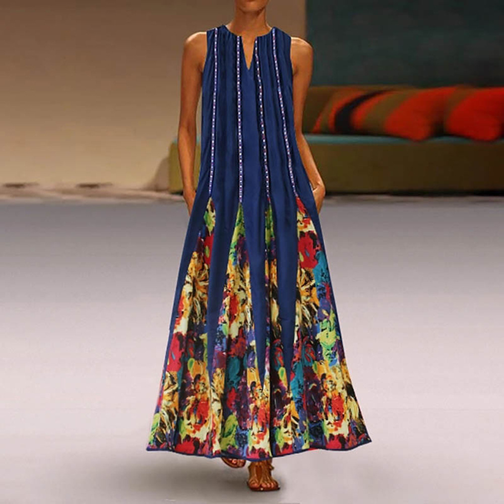 Vintage Floral Print Maxi Dress for Women V Neck Sleeveless Pocket Design Summer Casual Wear Wholesale Available
