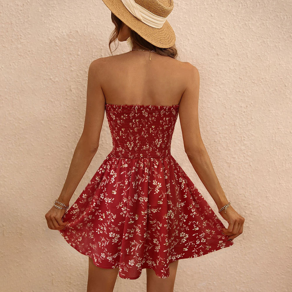 Cross border Wholesale Playful Waist Slim Floral Strapless Dress Summer New Design Sling Dress for Women