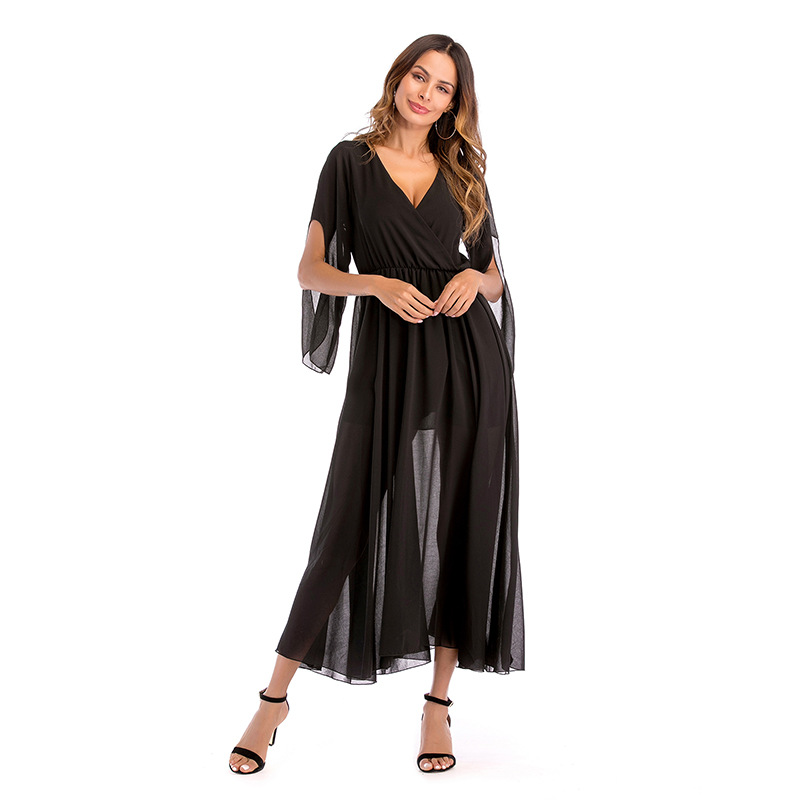 Womens Chiffon Maxi Dress Deep V Neck Color Block Flowy Design Spring Summer Fashion Wholesale Available
