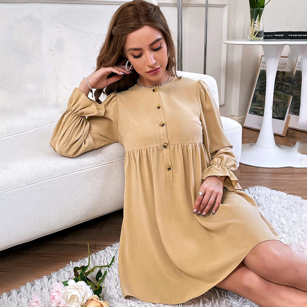 New Fresh Sweet Loose Single breasted Round Neck Long Sleeve Doll Dress