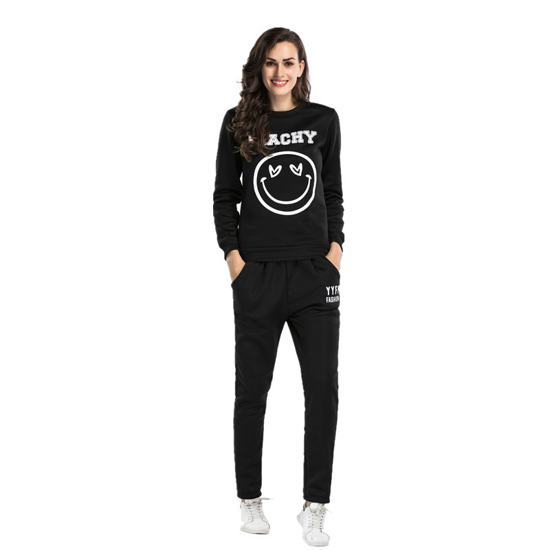 Womens Two Piece Set Smiley Face Print Round Neck Sweatshirt Long Pants Casual Sportswear for Fall and Winter