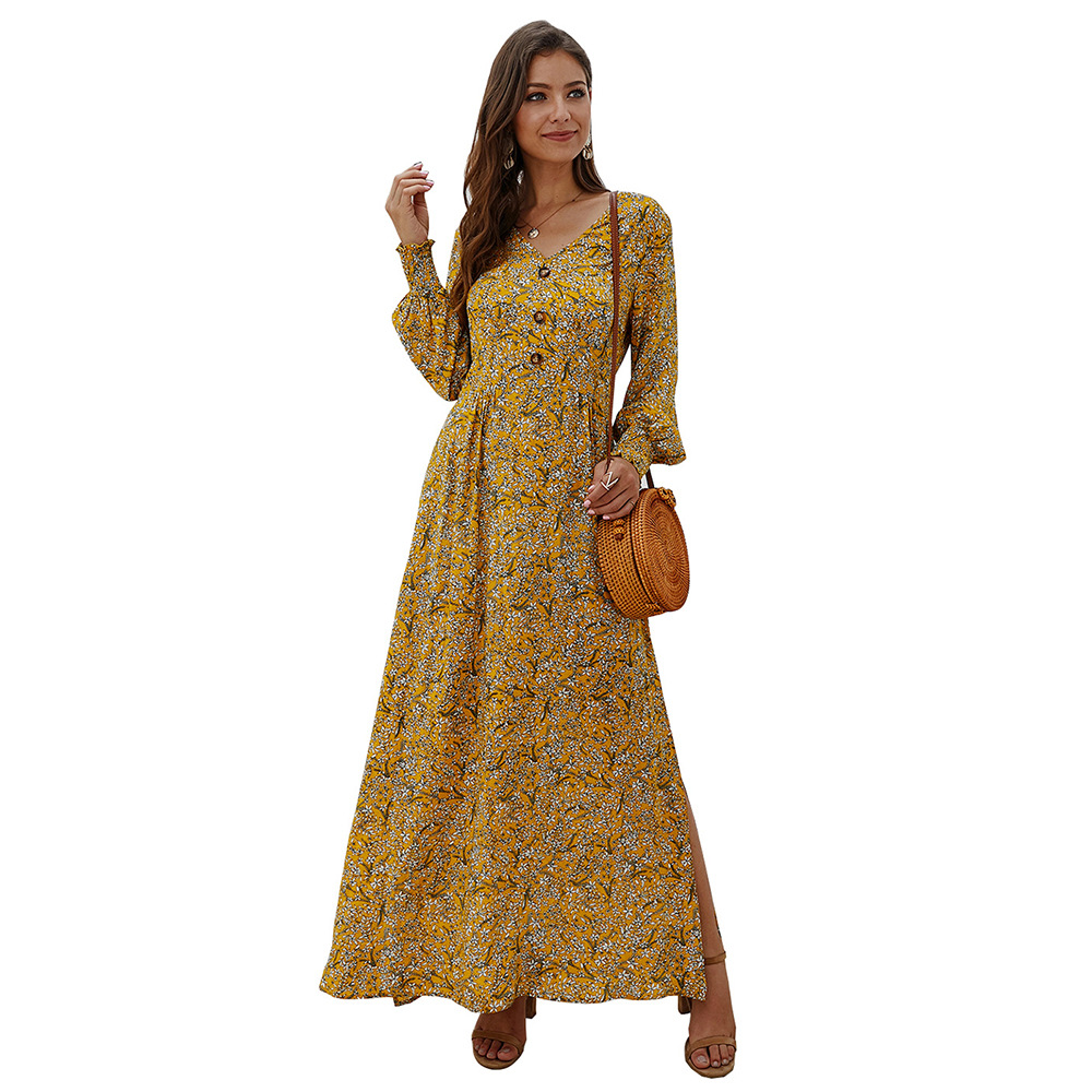 Floral Print Long Sleeve V Neck Dress Autumn Winter Style Casual Wear Ready to Ship bulk order