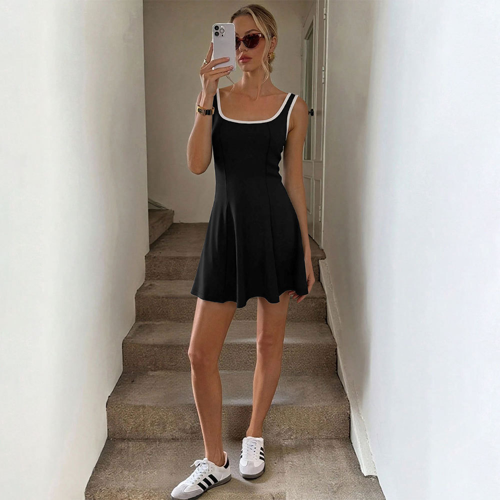 New Summer Sports Style U Neck Sleeveless Color Block Slim Fit A Line Short Tennis Dress
