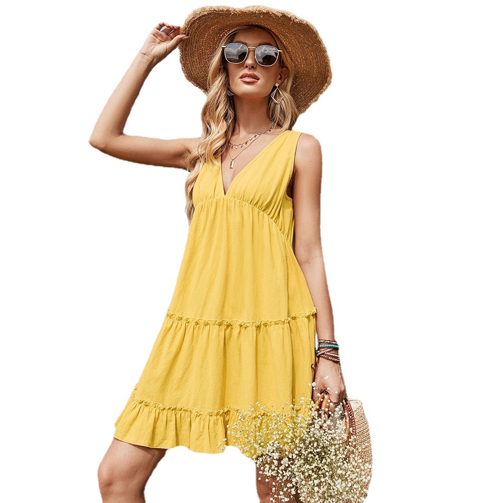 Summer New V Neck Simple Dress with Straps, Elegant and Versatile