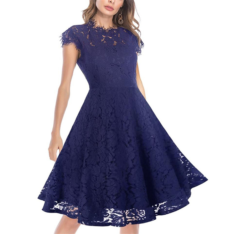 Womens Lace Dress Short Sleeve Round Neck Flared Skirt Spring Summer Fashion Wholesale Available