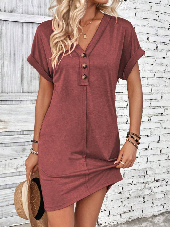 European and American Cross border Summer Women's Fashion Versatile Dress with Buckle, V neck, Ragnared Sleeves, Solid Color Dre