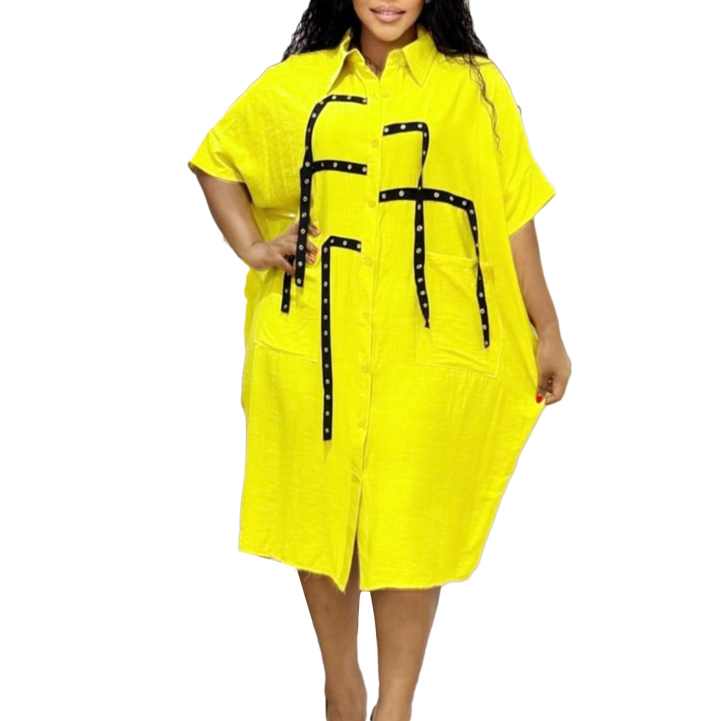 Fashionable Women's Short Sleeve Loose Fit Shirt with Lapel, Mid Length Blouse and Dress for International Trade