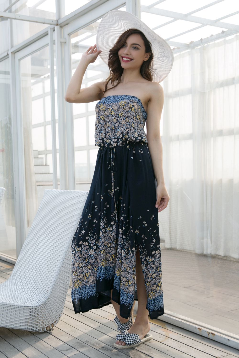 Floral Print Strapless Maxi Dress Bohemian Style Beach Vacation Lightweight Fabric Wholesale Available