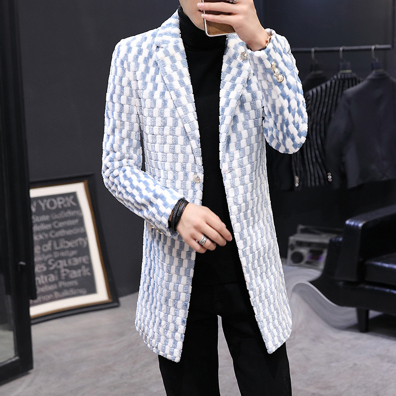Mens Slim Fit Plaid Blazer Faux Fur Wool Blend Stylish Design Autumn Winter Outerwear Wholesale Available