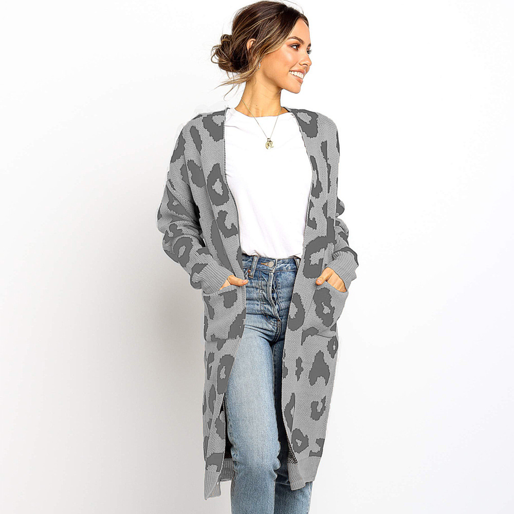 Long Sleeve Knitted Cardigan Mid Length Leopard Print Cozy Fabric Fall Winter Fashion for Women Wholesale Available