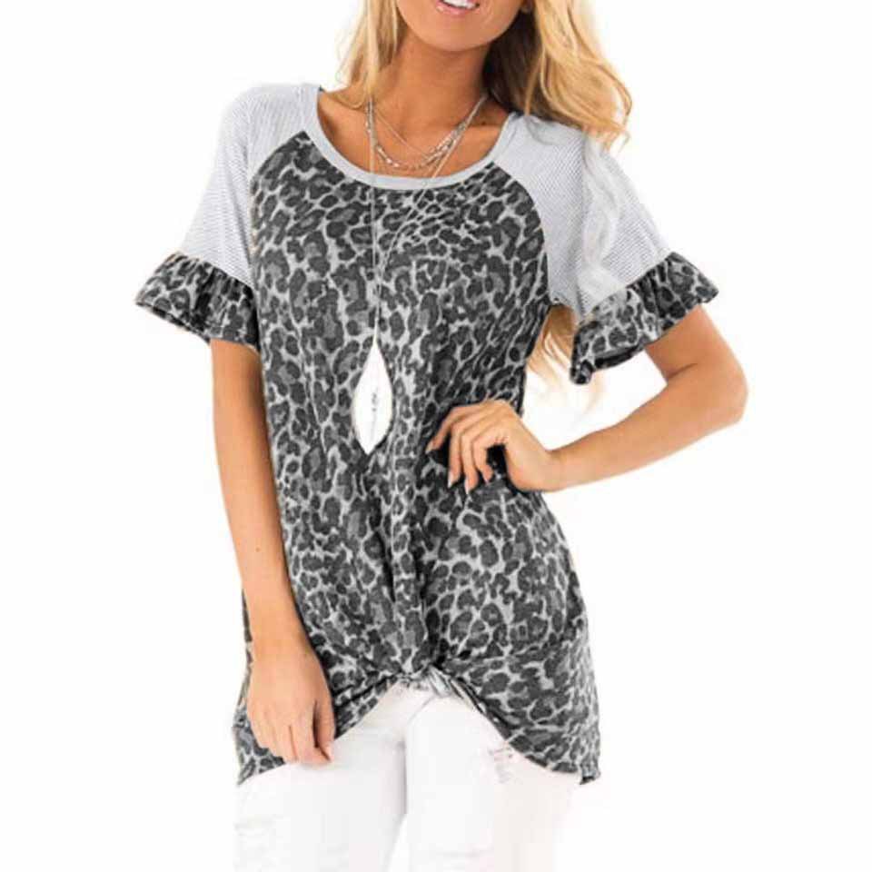 Womens Leopard Print Short Sleeve T Shirt Round Neck Flared Sleeves Casual Style Perfect for Spring Summer