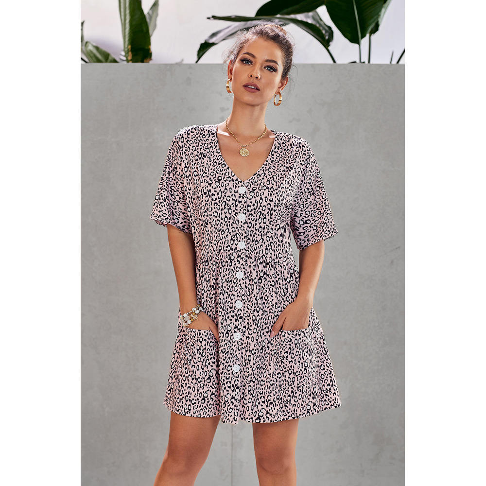 Summer Dress Leopard Print V Neck Loose Fit Short Sleeve A Line Casual Wear Wholesale Available