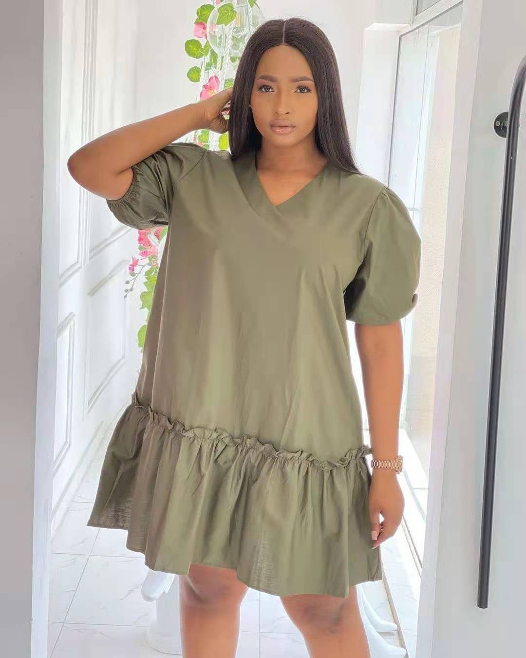 Summer Womens Dress Solid Color V Neck Ruffle Short Sleeves Casual Wear for Parties or Outings Wholesale Available