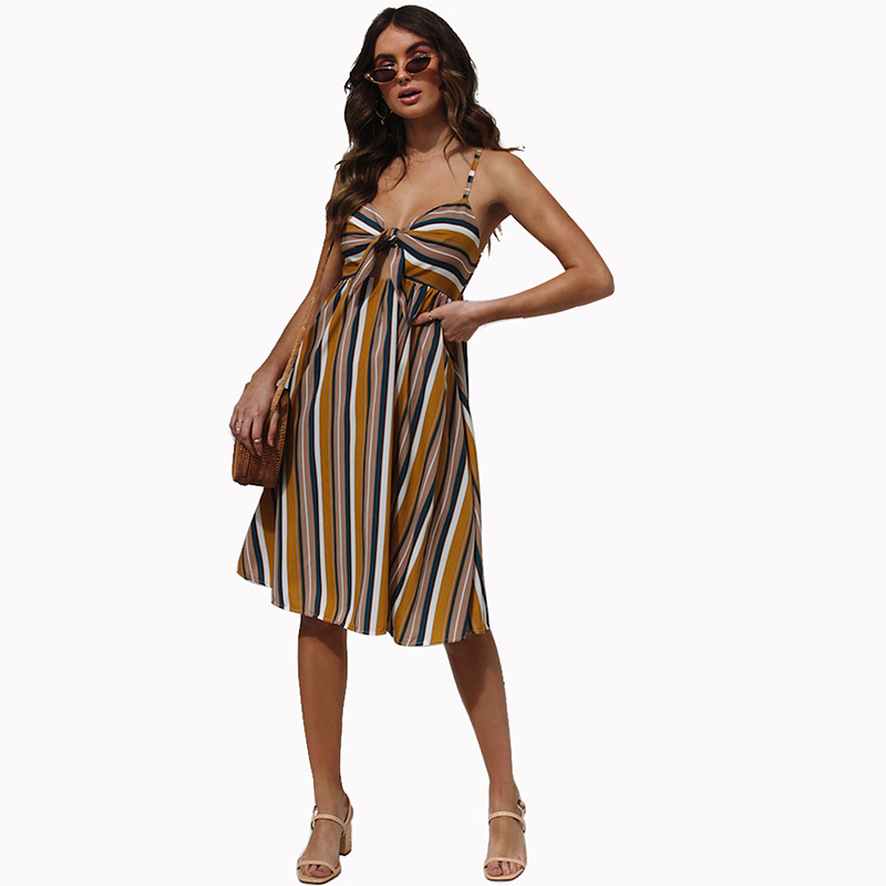 Color Block Striped Strapless Backless Dress Womens Fashion Summer Style Lightweight Fabric Wholesale Available