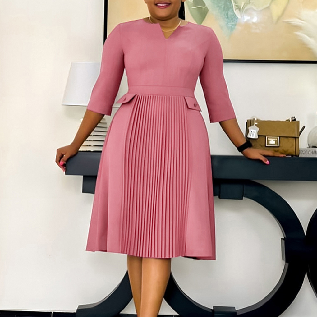 Plus Size Fashion Dress for Women, Solid Color, 3 4 Sleeve, Pleated Design, African Style, Cross Border Clothing, Wholesale