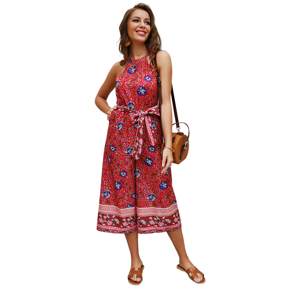 Summer Vacation Style Halter Neck Jumpsuit Unique Print Adjustable Tie Comfortable Fit Wholesale Available