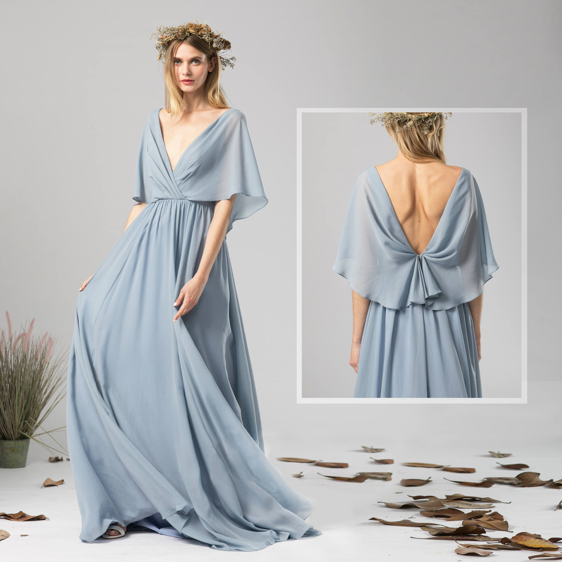 Chiffon Maxi Dress Deep V Neck Open Back Elegant Design Perfect for Parties and Special Occasions Wholesale