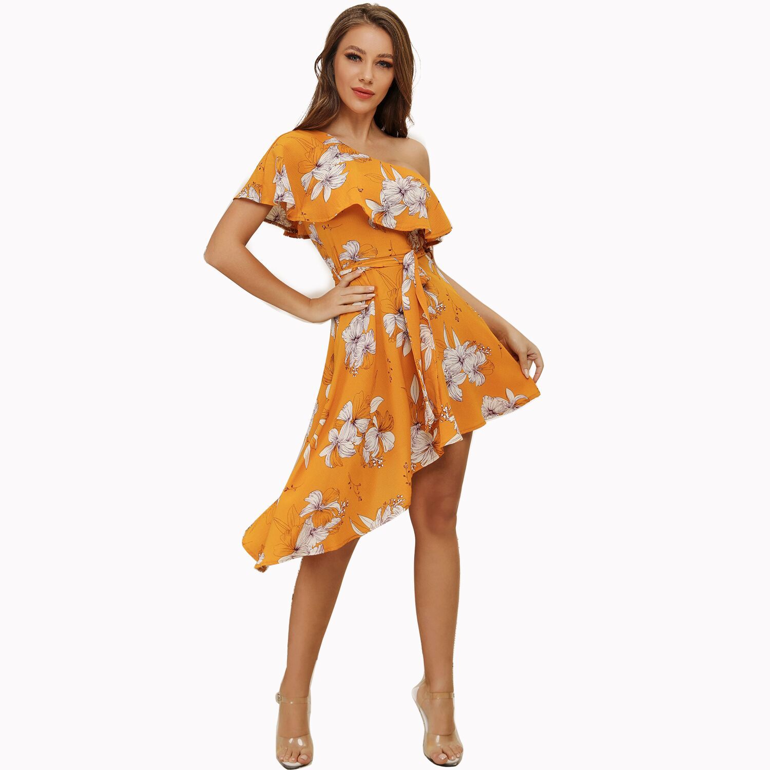 Asymmetrical Ruffle Hem Dress Floral Print One Shoulder Design Vacation Style Wholesale Available