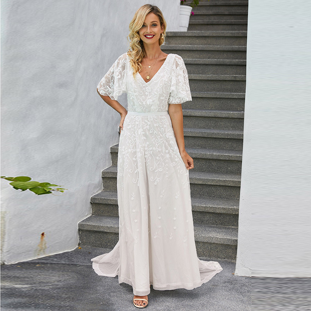 Long Sleeve Lace Embroidered Maxi Dress Solid Color Deep V Neck Backless Elegant Autumn Fashion for Special Occasions