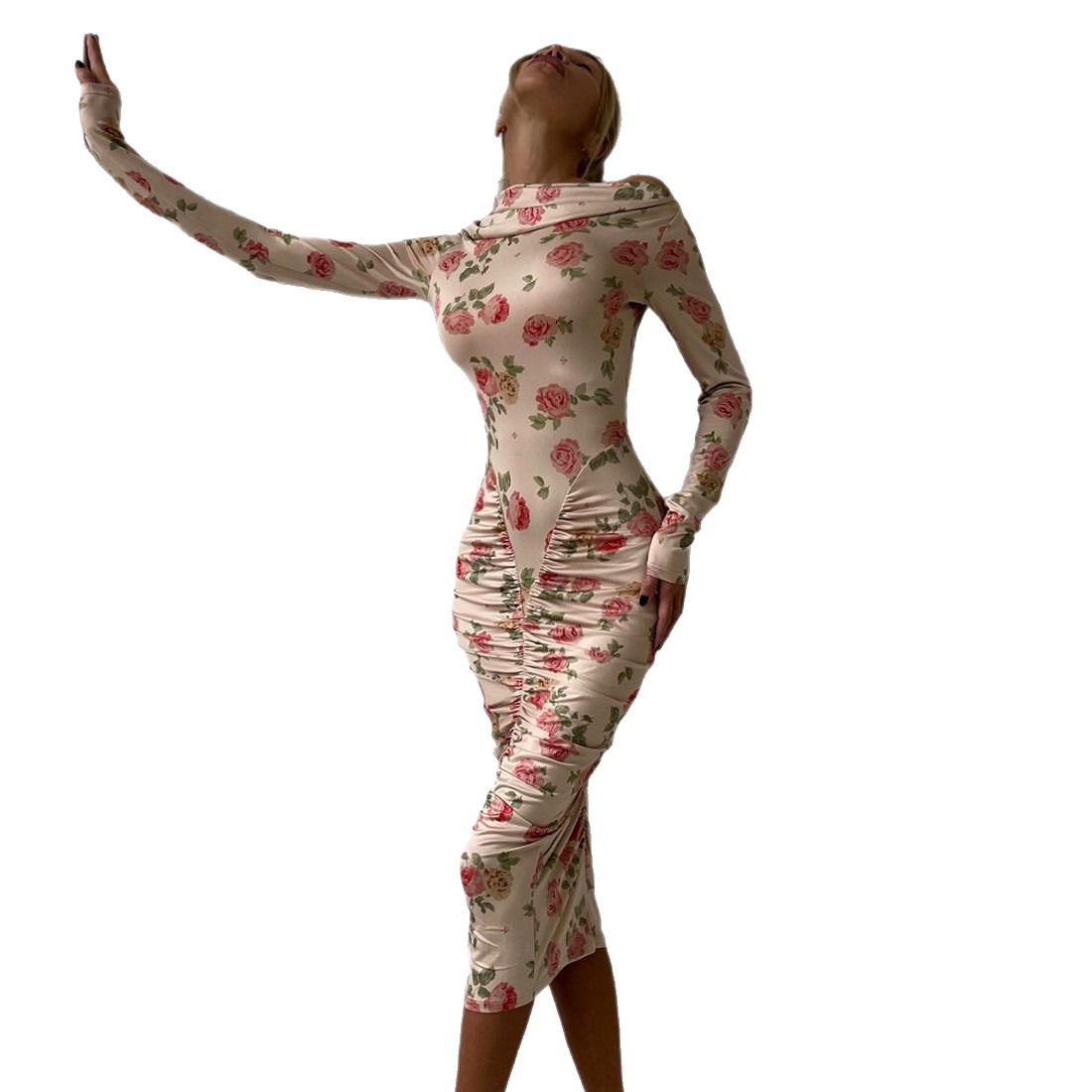 European and American Cross border Autumn and Winter New Women's Fashion Long Sleeve Personality Printed Wrinkled Sexy Bodycon Dress