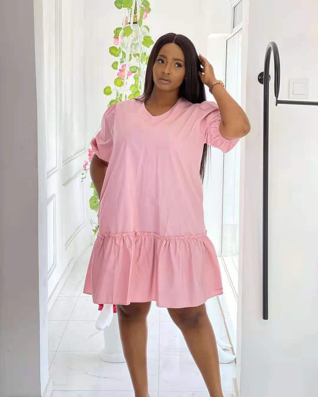 Summer Womens Dress Solid Color V Neck Ruffle Short Sleeves Casual Wear for Parties or Outings Wholesale Available