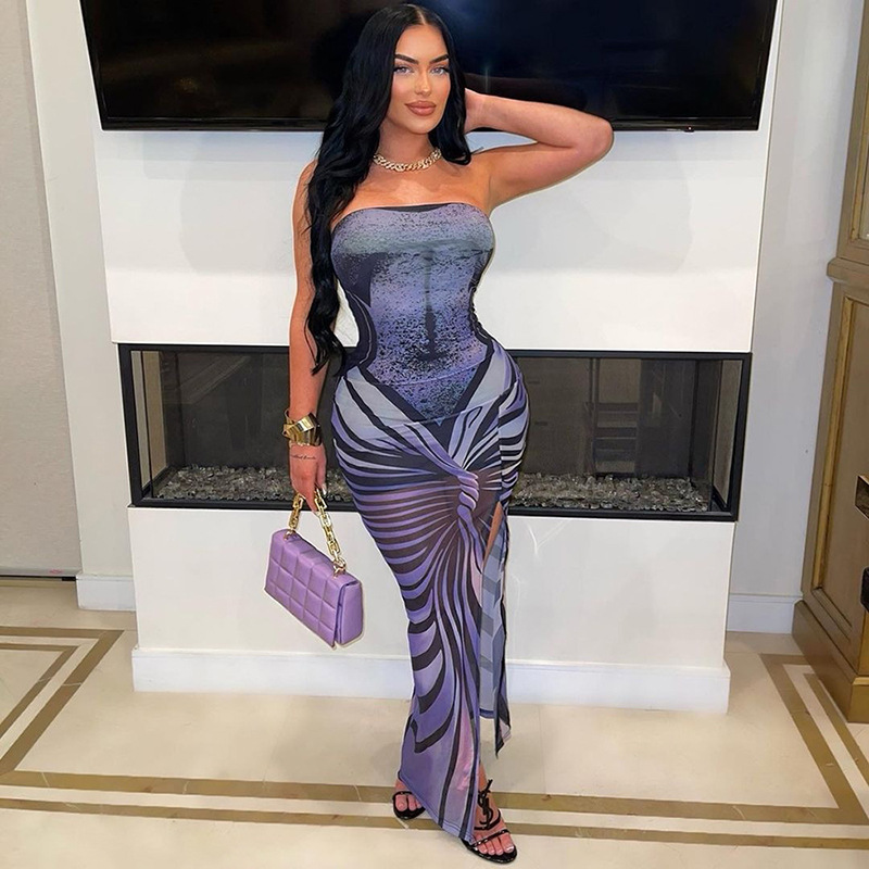 European Women's Fashion Spring Summer New Stylish Sexy Strapless Backless 3D Printed Slim Fit Long Dress