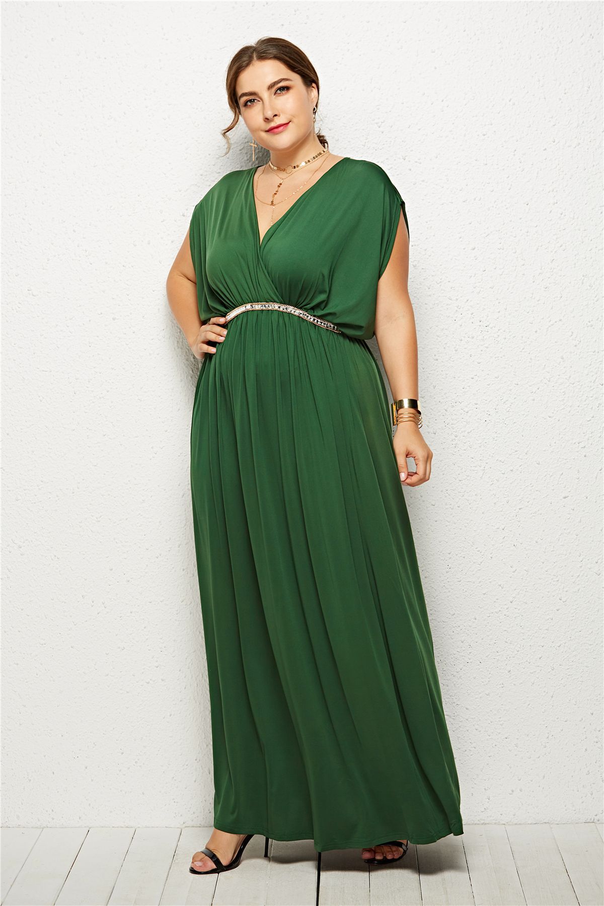 Plus Size Batwing Sleeve Maxi Dress Sexy Deep V Neck High Waist Fashionable Design Evening Party Wear for Curvy Women