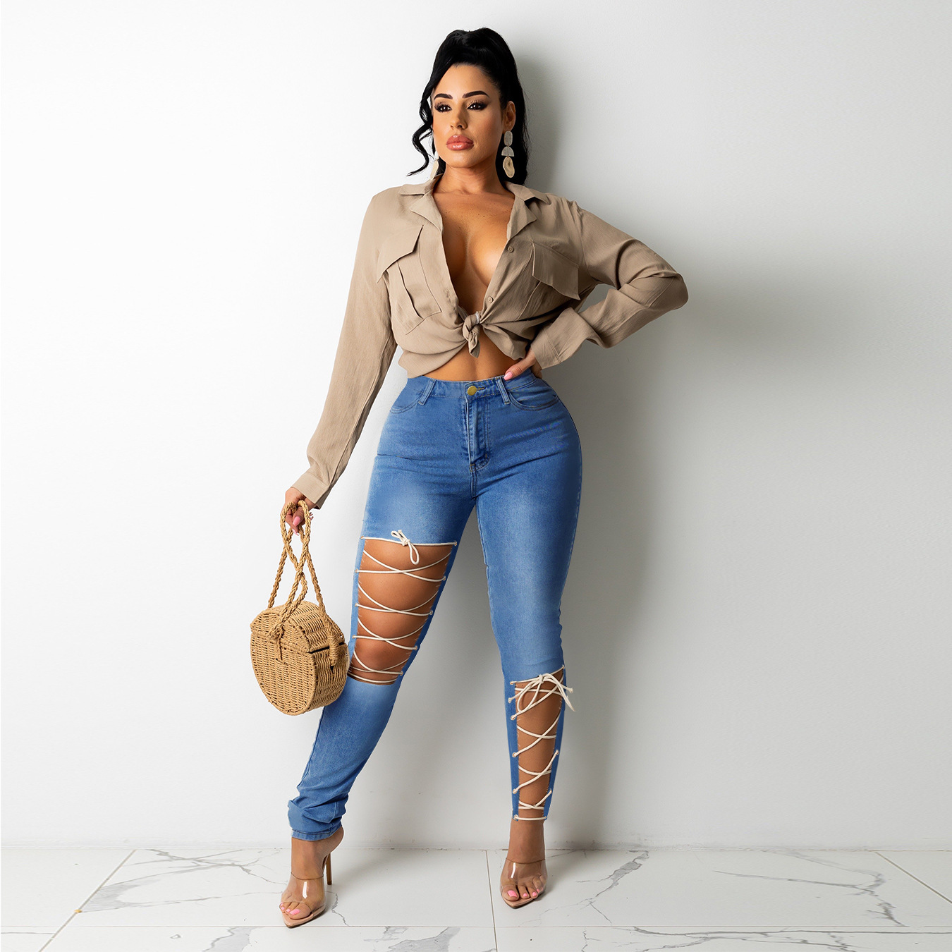 Fashionable Womens Denim Pants Creative Tie Design High Waist Casual Style Perfect for Autumn and Winter Wholesale