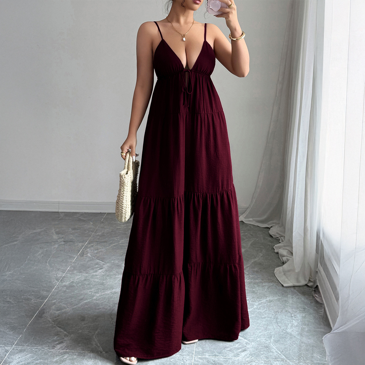 Elegant European and American Style Strapless Long Dress for Women Autumn and Winter