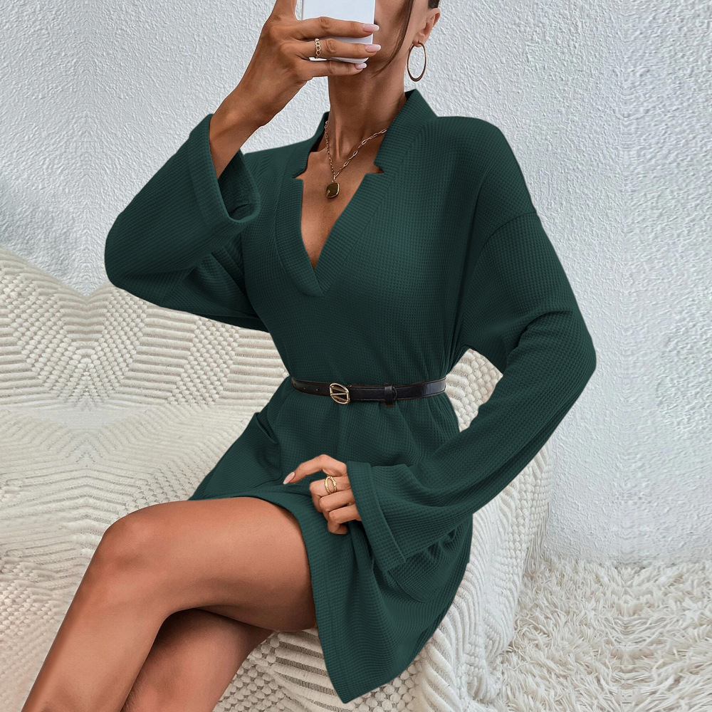 New Loose Casual Sexy V neck Pocket Long Sleeve Mini Dress