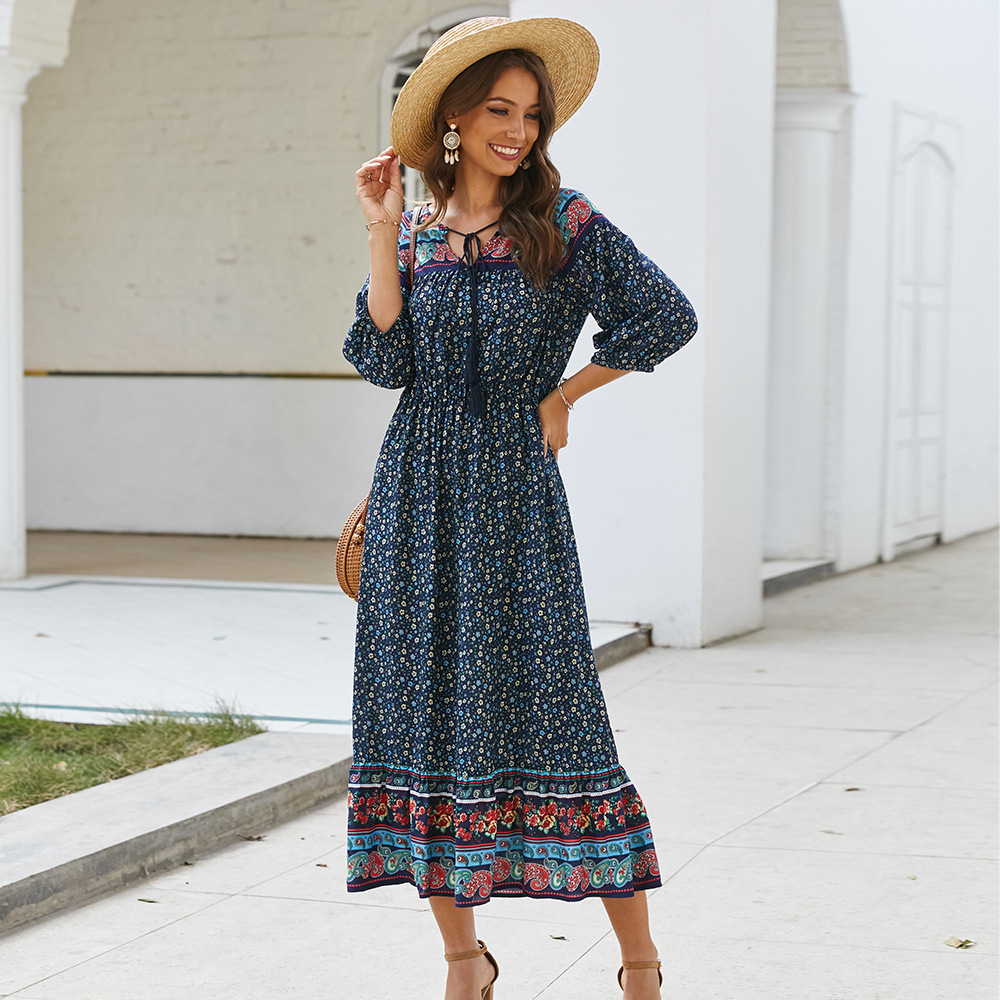 Bohemian Floral Print Dress Original Design Lightweight Fabric Summer Style Perfect for Casual Outings Wholesale