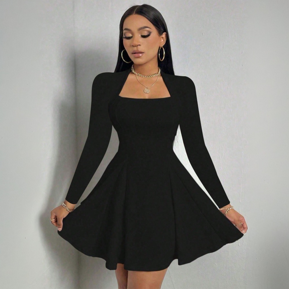 Elegant Womens Dress Square Neck Slim Fit Short Length Autumn Winter Fashion Wholesale Available