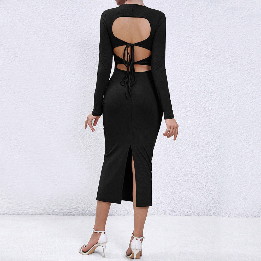 Sexy Hollow Out Bodycon Midi Dress with Long Sleeves