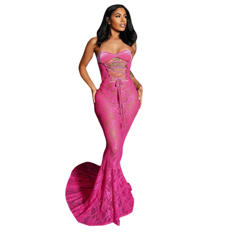 New Women's Winter Dress, Sexy Strapless Lace Sheer Bodycon Long Skirt, Trendy European and American Style for Fashionable Lad