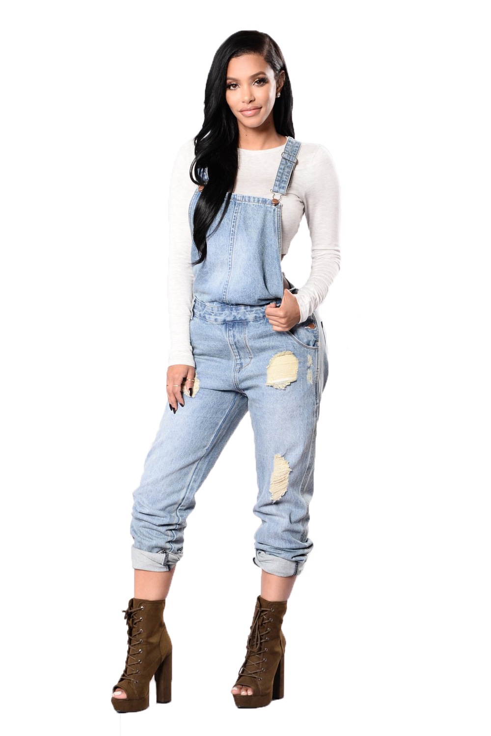 Light Blue Distressed Denim Overalls Casual Style Adjustable Straps Comfortable Fit Perfect for Summer Outings