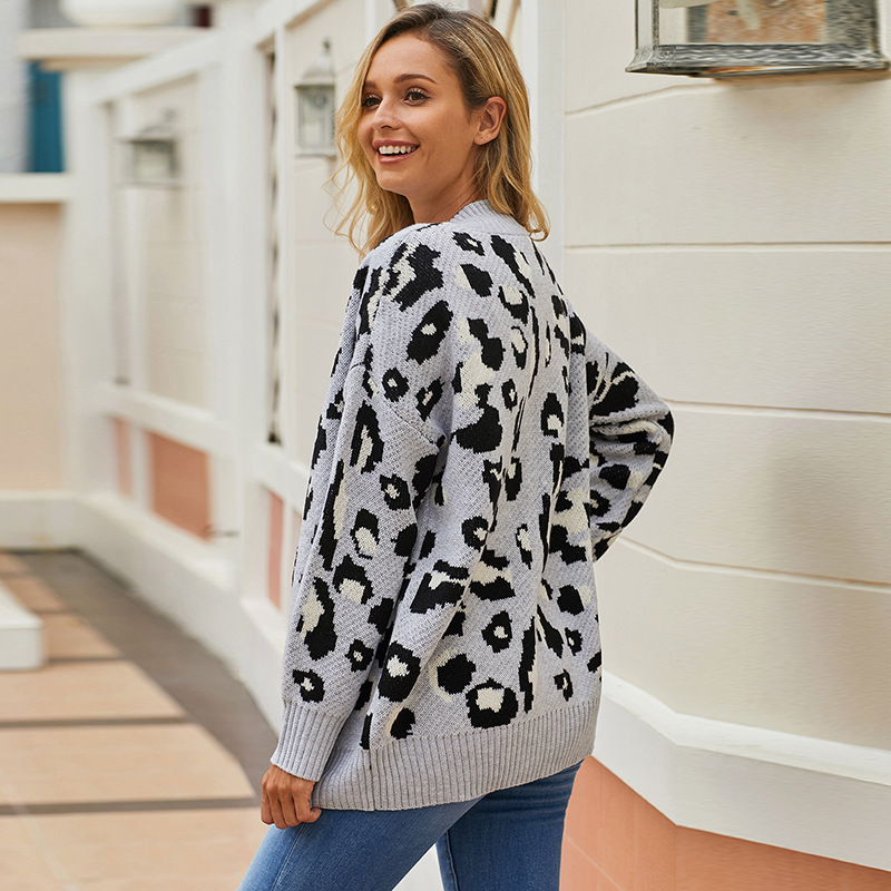 Womens Long Cardigan Sweater Winter Loose Fit Leopard Print Knitted Fabric Casual Wear Wholesale Available