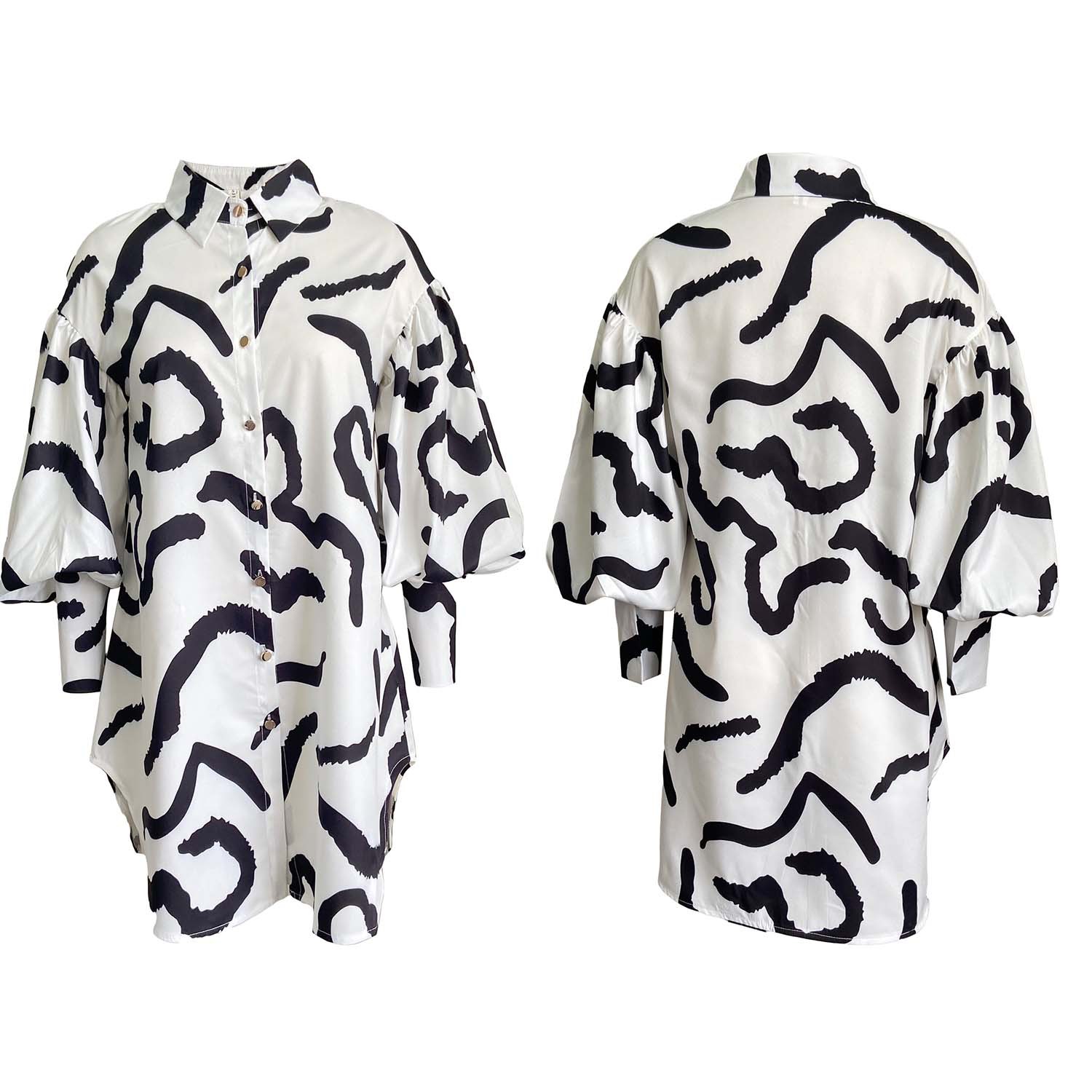 Loose Commuter Printed Lapel Dress Shirt Dress