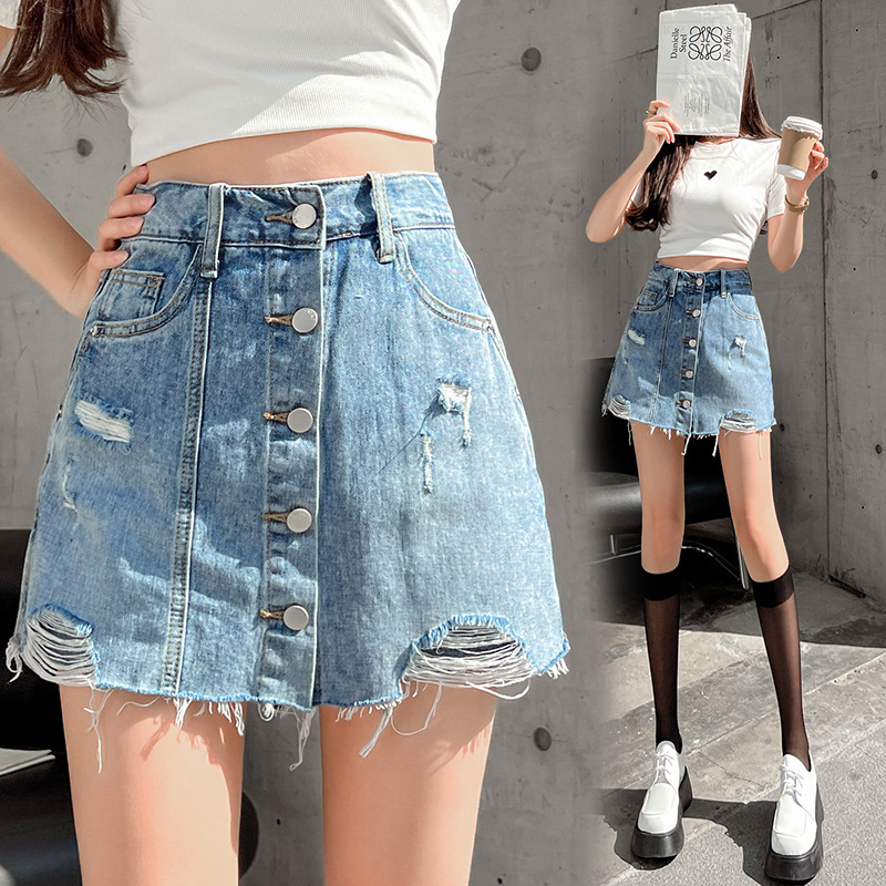 Womens Denim A Line Skirt High Waist Single Breasted Fringe Detail Slim Fit Summer Casual Wear Ready to Ship