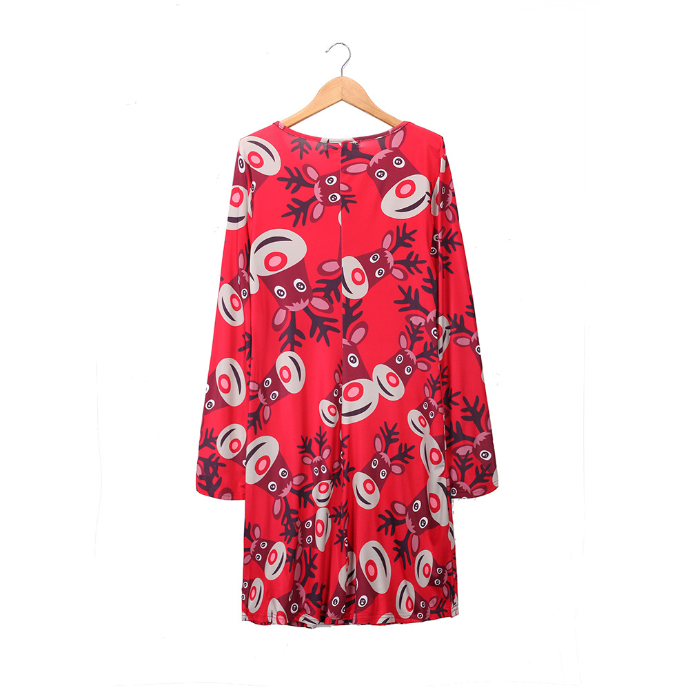 A Line Dress Cartoon Reindeer Print Round Neck Long Sleeve Winter Holiday Wear Wholesale Available