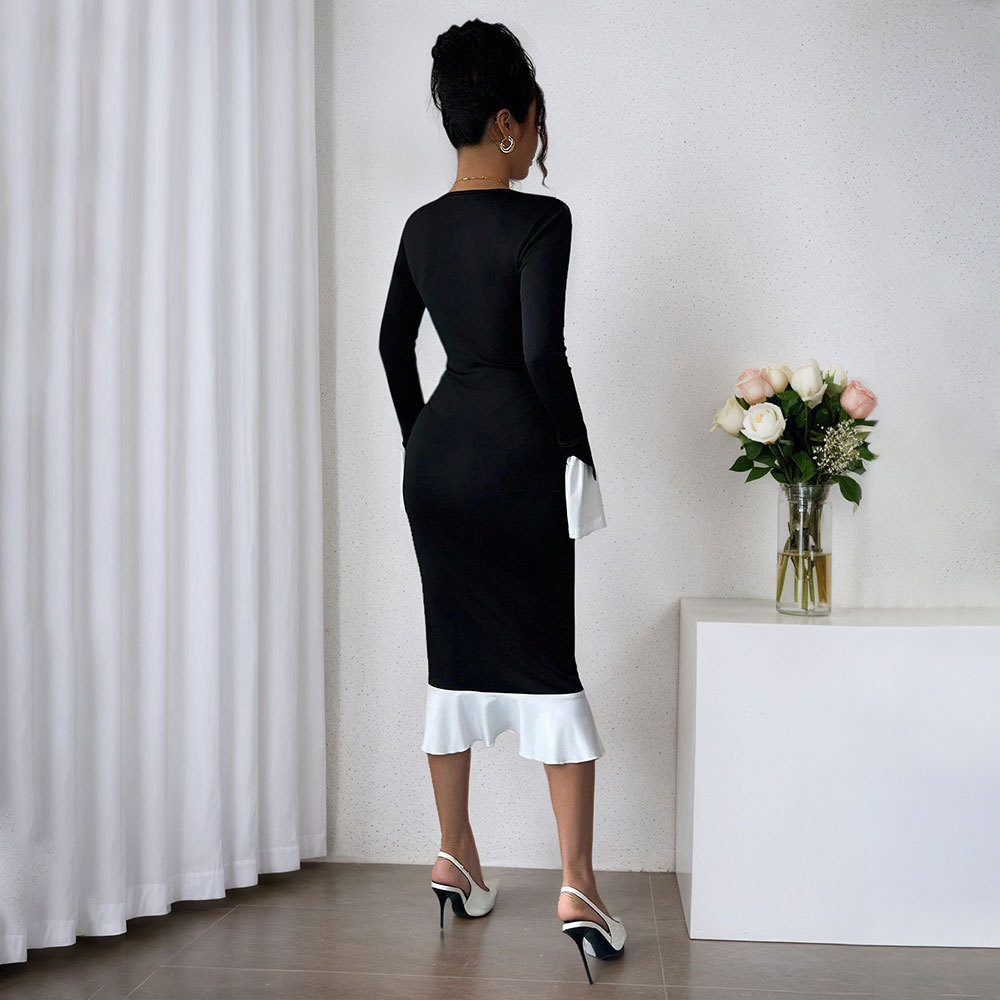Women's Elegant Slim Fit Long-Sleeve Ruffle Dress