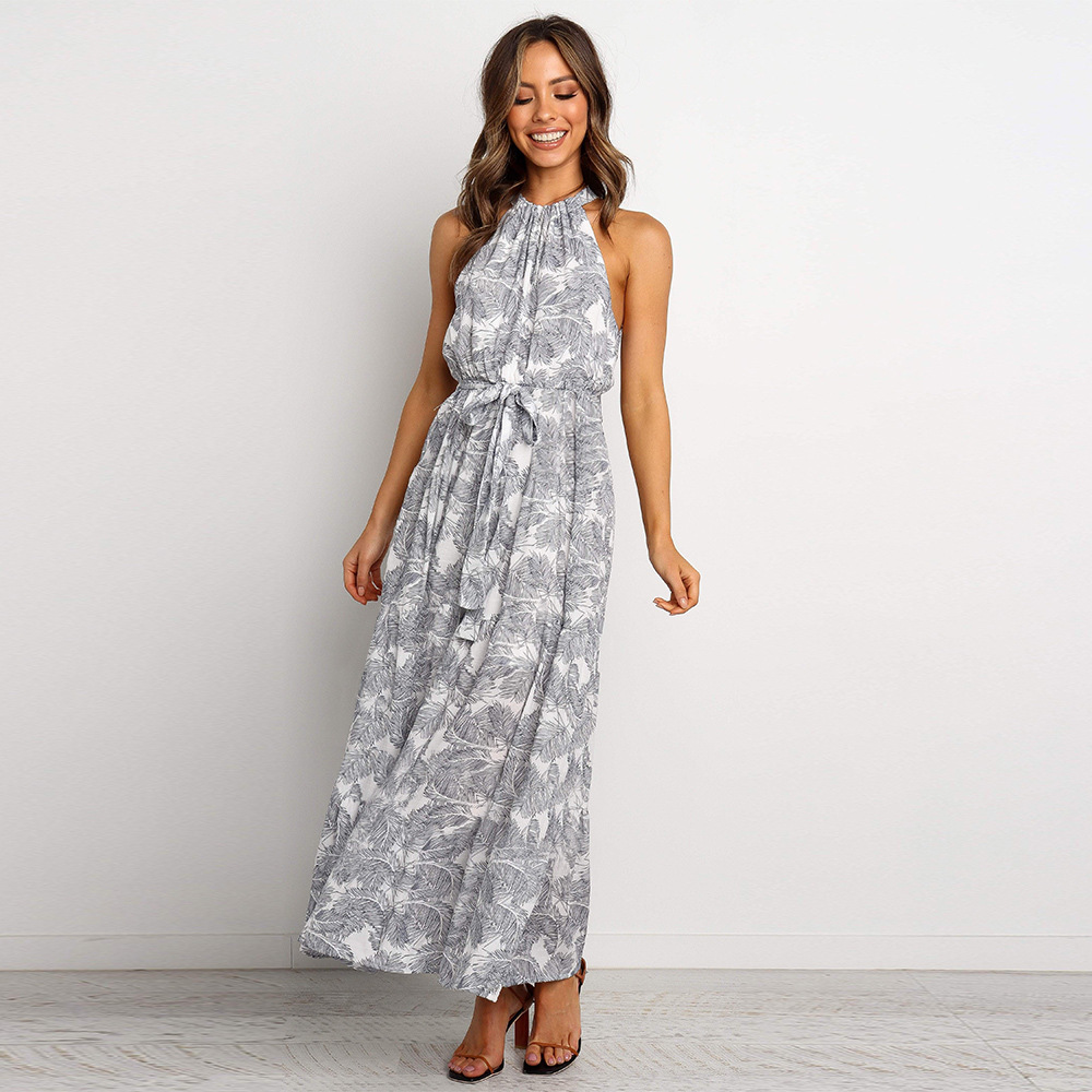 Womens Floral Print Maxi Dress Halter Neck Zipper Closure Lightweight Fabric Spring Summer Fashion Wholesale
