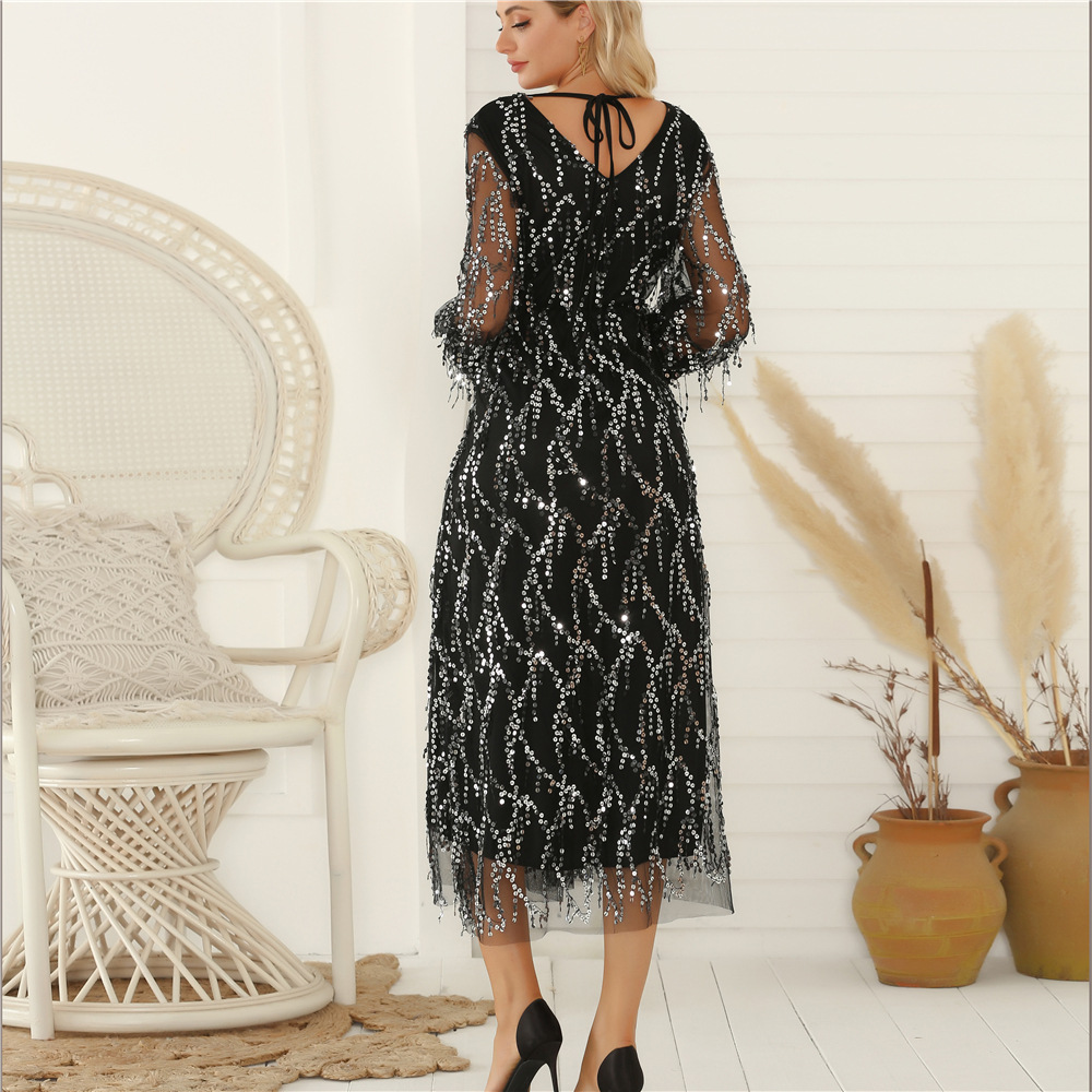 Sequin Fringe V Neck Dress Sexy Elegant Party Wear Womens Fashion Wholesale Available OEM ODM service