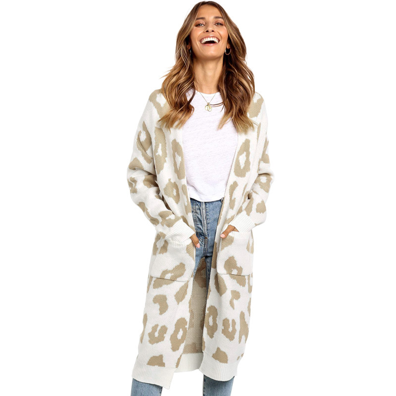 Long Sleeve Knitted Cardigan Mid Length Leopard Print Cozy Fabric Fall Winter Fashion for Women Wholesale Available