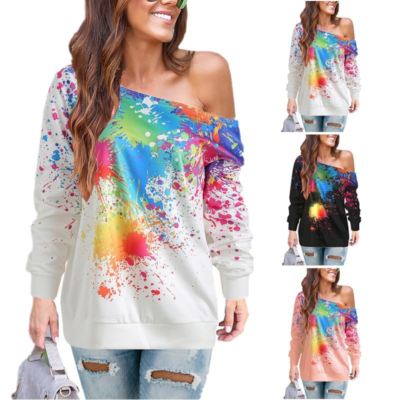 Womens Off Shoulder Sweatshirt Spray Paint Print Autumn Winter Style Casual Wear Wholesale Available