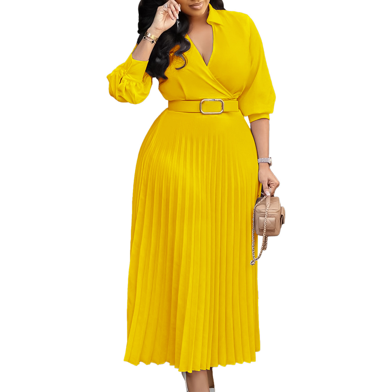 Fashionable V Neck Solid Color Long Sleeve Pleated Maxi Dress for Women, Elegant Spring Collection, Perfect for Casual and For