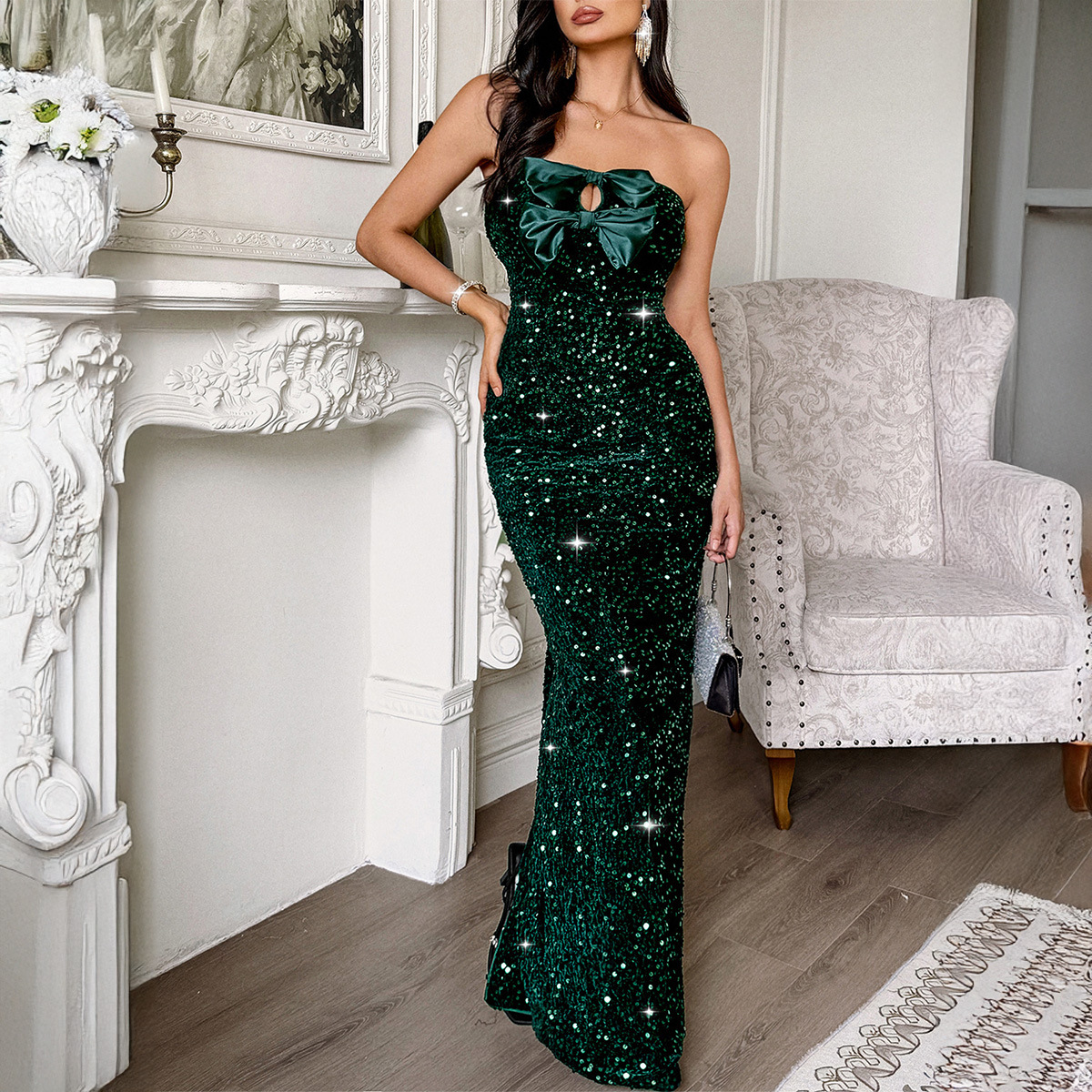 Elegant Evening Dress Strapless Sexy Long Dress for Women Autumn Winter